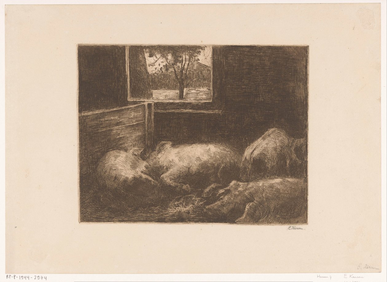 Cochons dans une étable - Eduard Karsen (signed by artist)