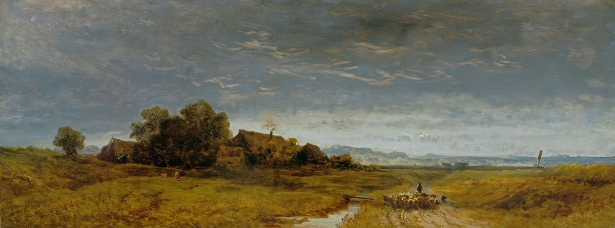 Plaine de Haute-Bavière avec troupeau de moutons rentrant - Eduard Schleich der Ältere