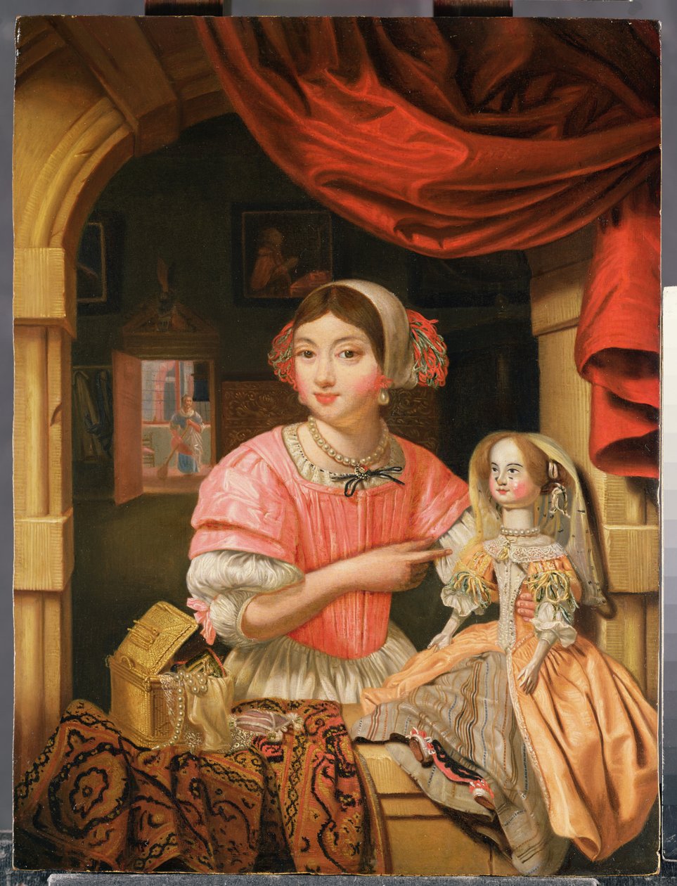 Fille tenant une poupée dans un intérieur avec une servante balayant derrière - Edwaert Colyer or Collier