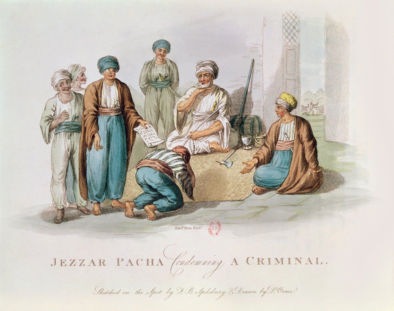 Jezzar Pacha c.1720-1804 condamnant un criminel, gravure en couleur - Edward Orme