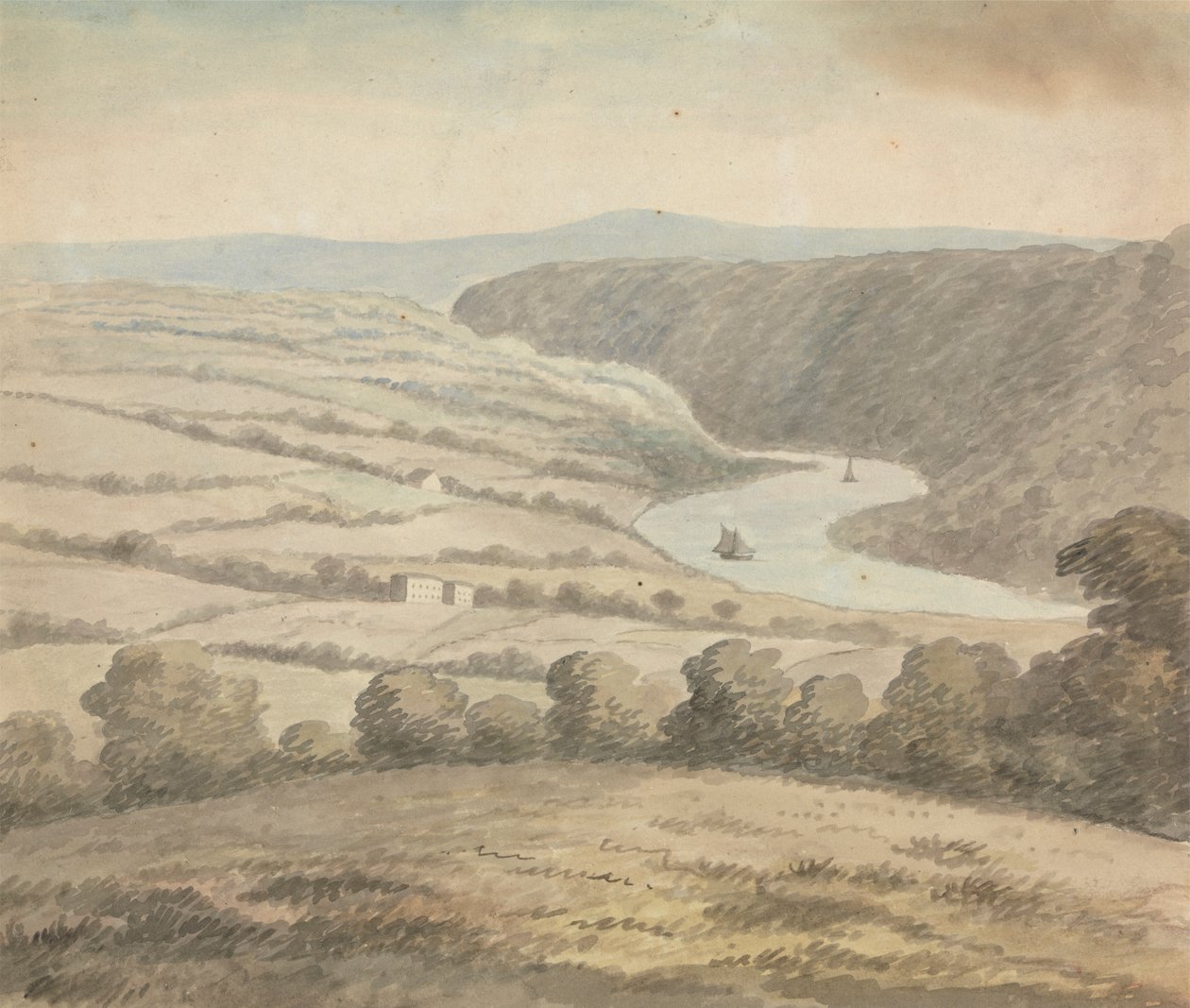 Paysage fluvial avec bateaux - Edward Francis Burney