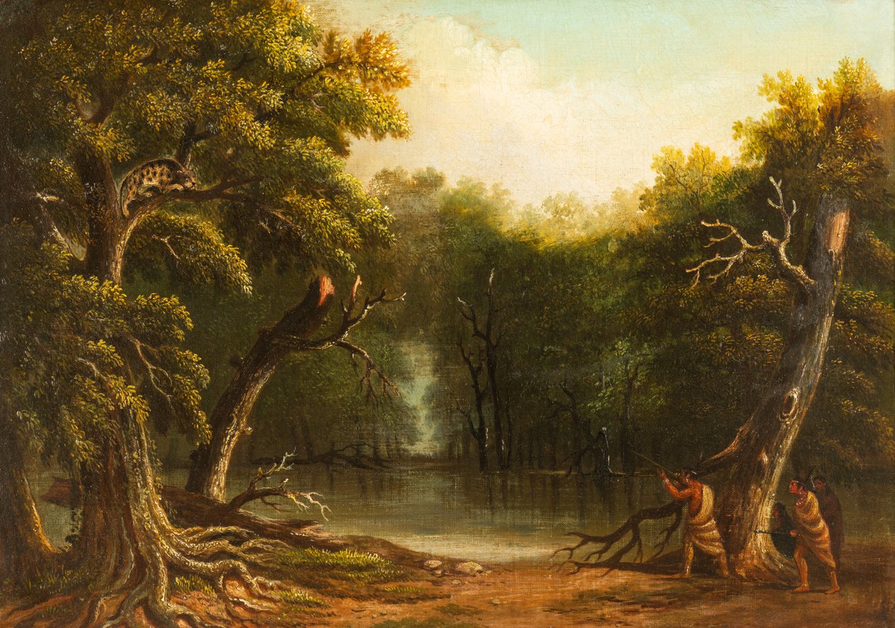 Amérindiens tirant sur un jaguar dans un arbre - Edward Hicks