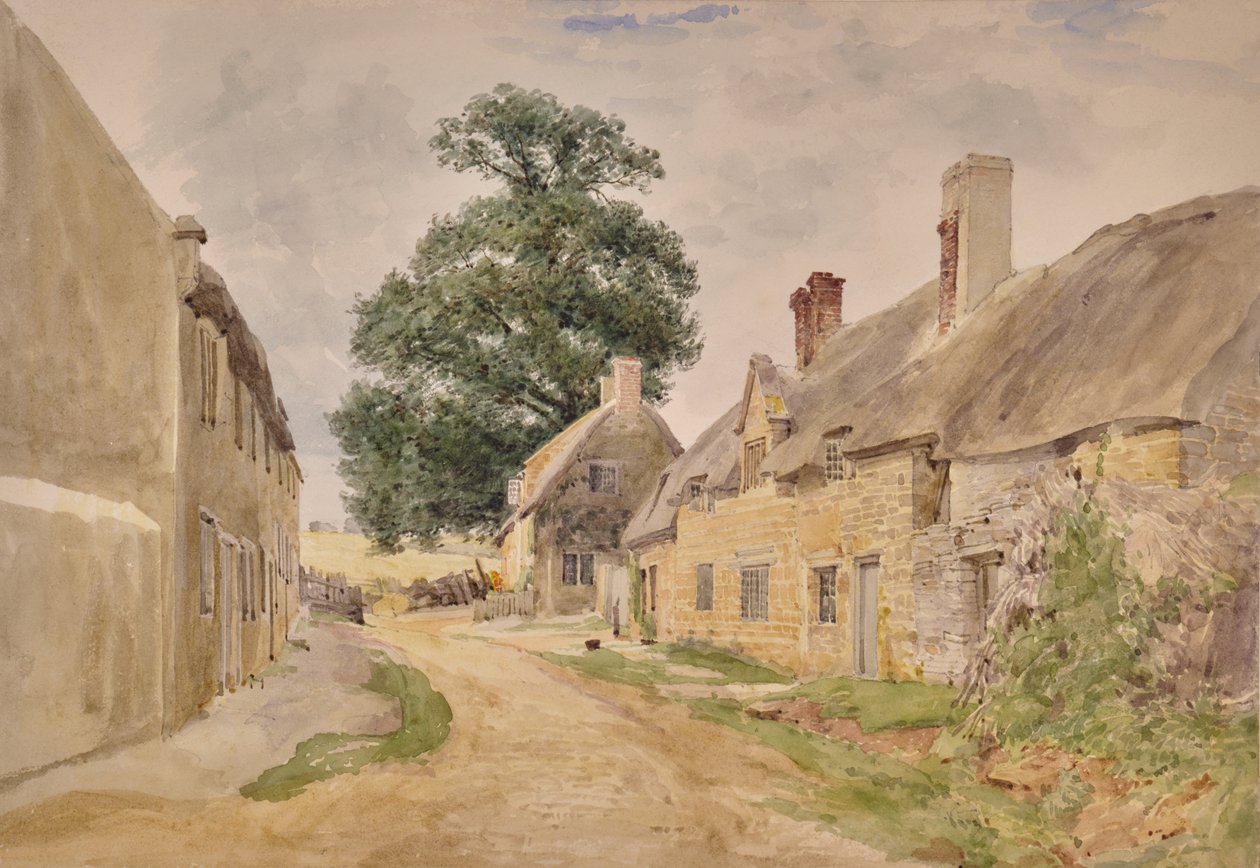 Scène de village, rue à travers des bâtiments en chaume - Edward Pretty