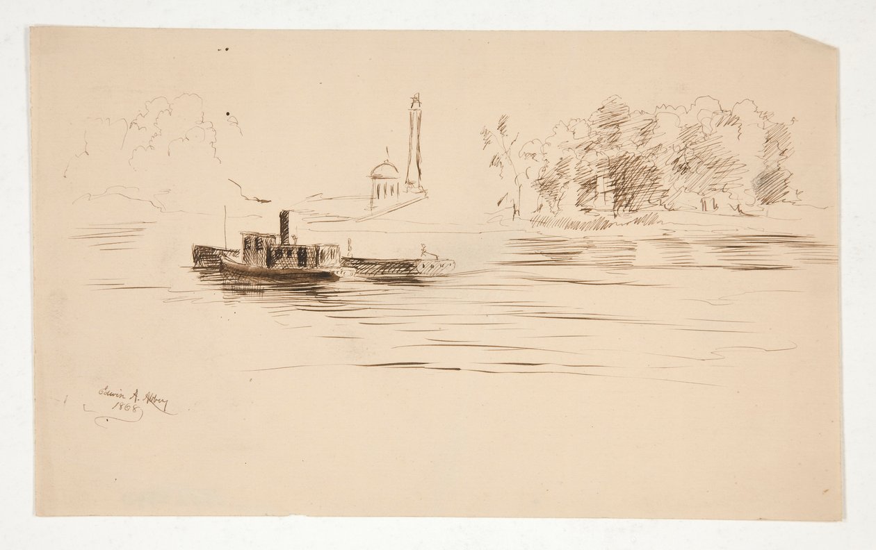 Remorqueur Poussant une Péniche sur la Rivière - Edwin Austin Abbey
