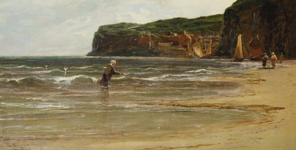 Vue côtière avec une femme pêchant des crevettes, vers 1900 - Edwin Ellis