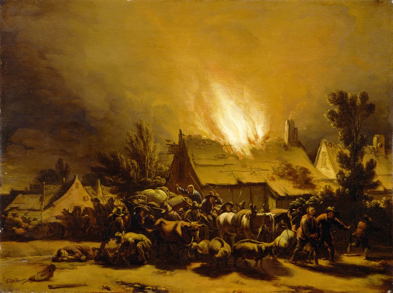 Paysans fuyant une grange en feu, vers 1655 - Egbert van der Poel