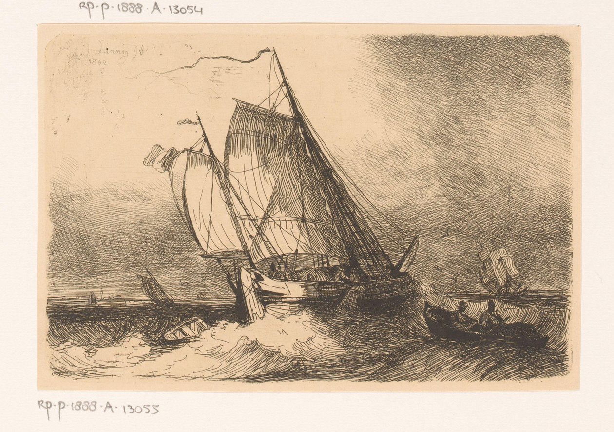 Voiliers et une barque sur une mer agitée - Egidius Linnig
