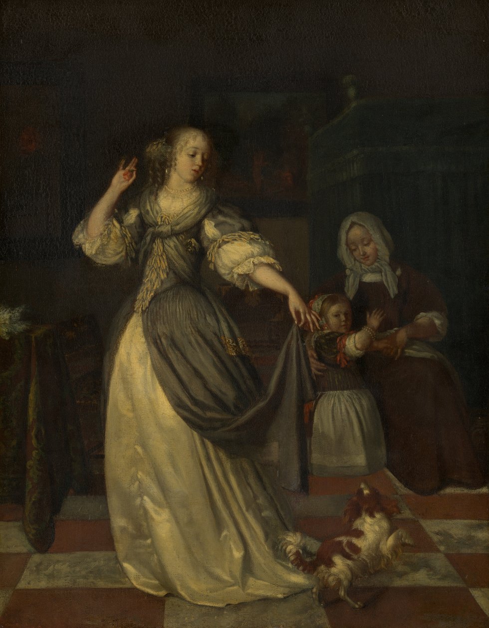 Dame jouant avec un chien - Eglon van der Neer