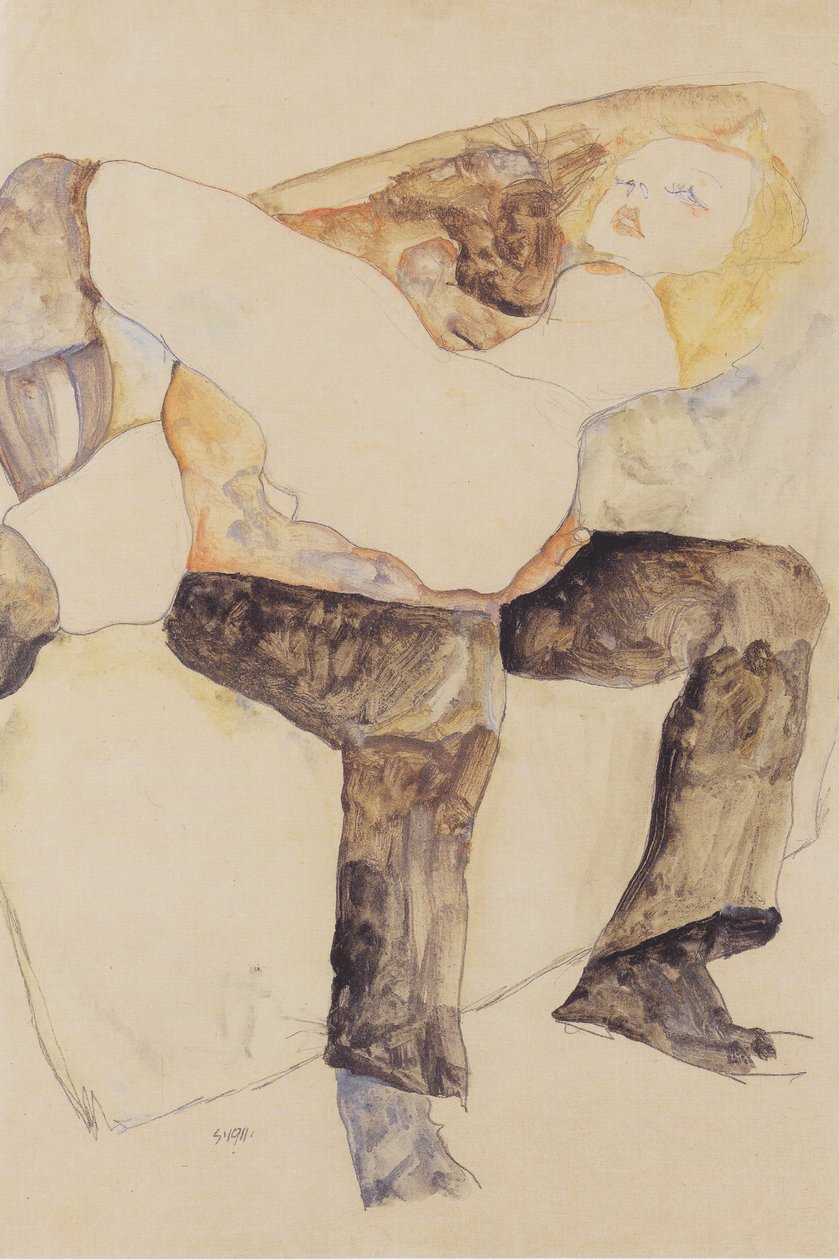 Homme tenant une femme à genoux - Egon Schiele