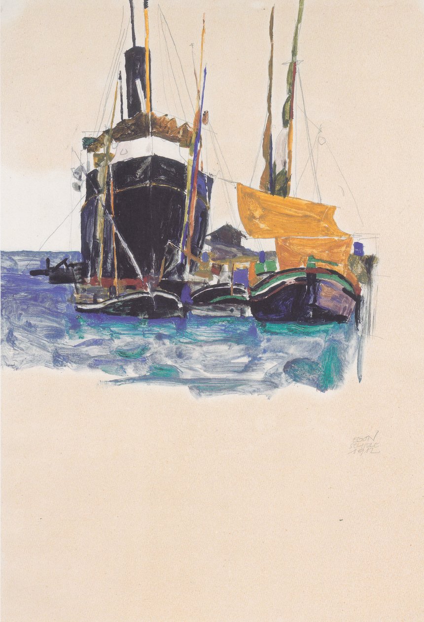 Vapeur et voiliers dans le port de Trieste - Egon Schiele