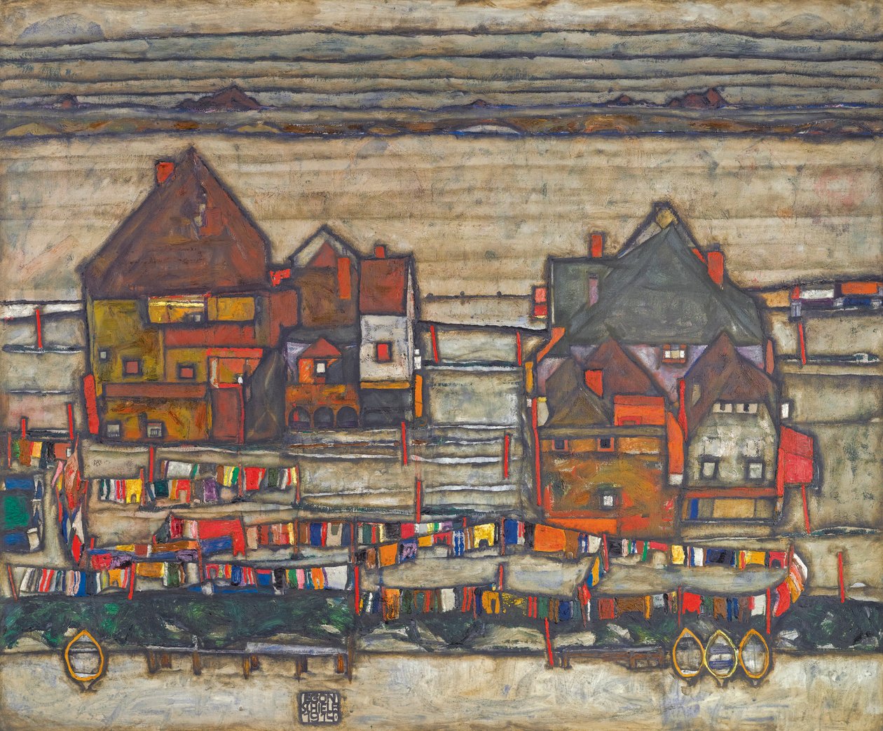 Maisons avec linge coloré - Egon Schiele