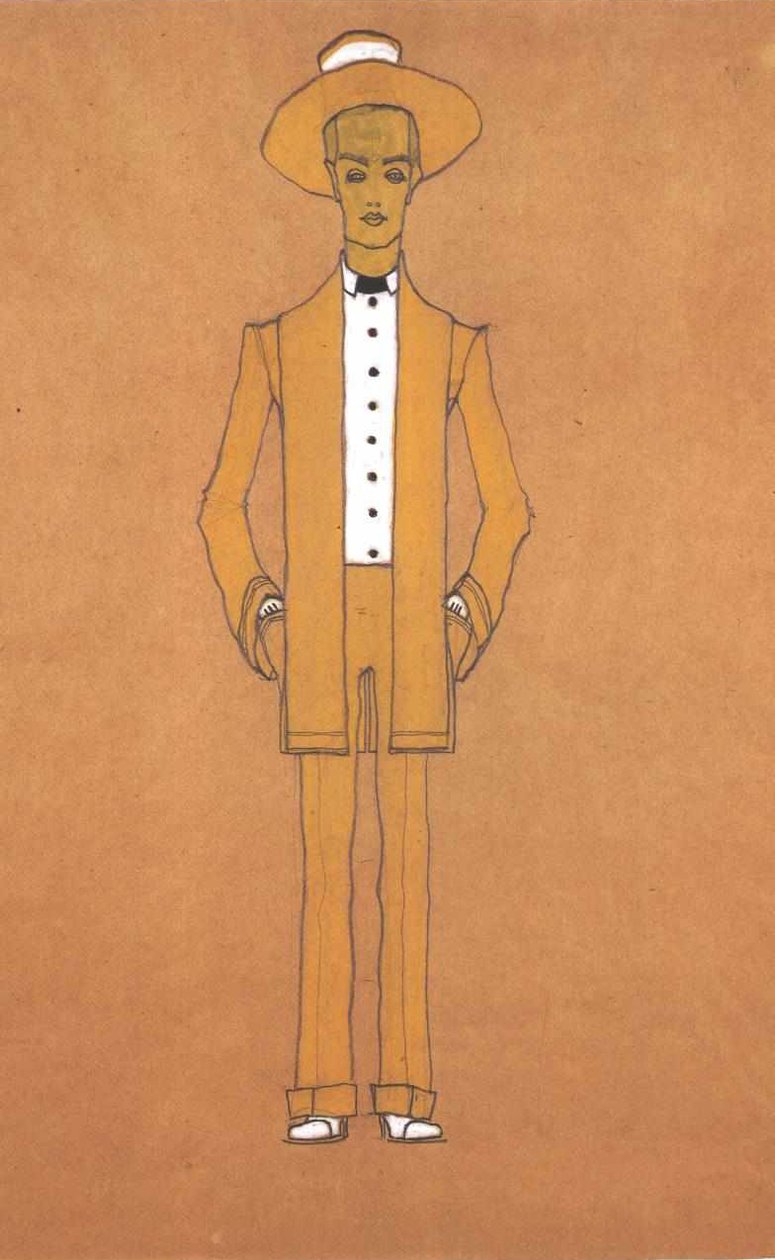 Croquis de mode costume de rue jaune - Egon Schiele