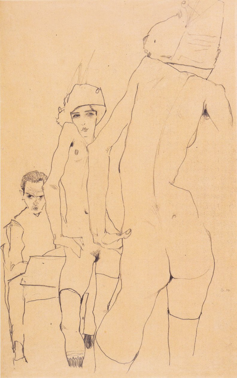 Schiele avec modèle nu devant le miroir - Egon Schiele