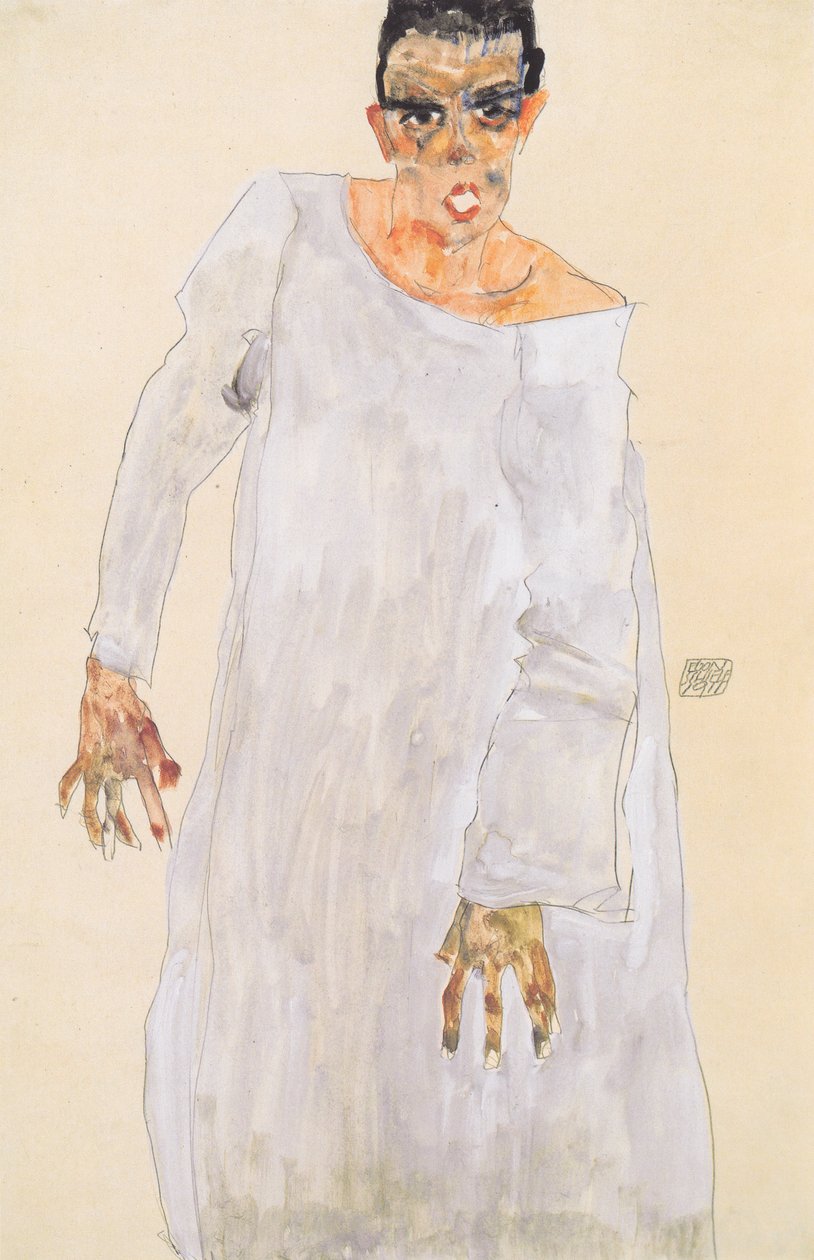 Autoportrait en robe blanche - Egon Schiele