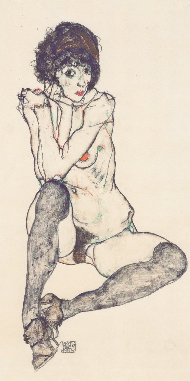Nu féminin assis avec coudes appuyés - Egon Schiele