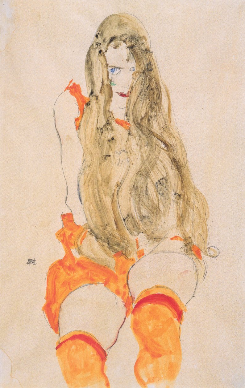 Fille assise avec cheveux tombants - Egon Schiele