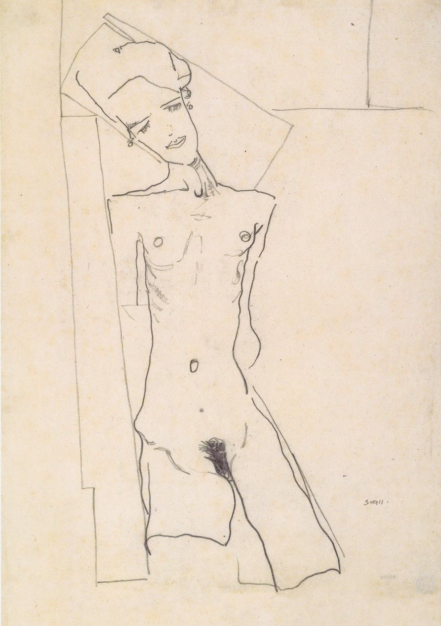 Femme debout nue devant des formes géométriques - Egon Schiele