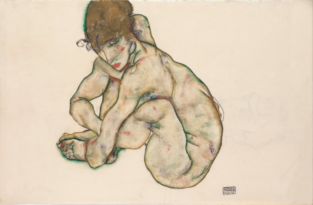 Jeune fille nue accroupie - Egon Schiele