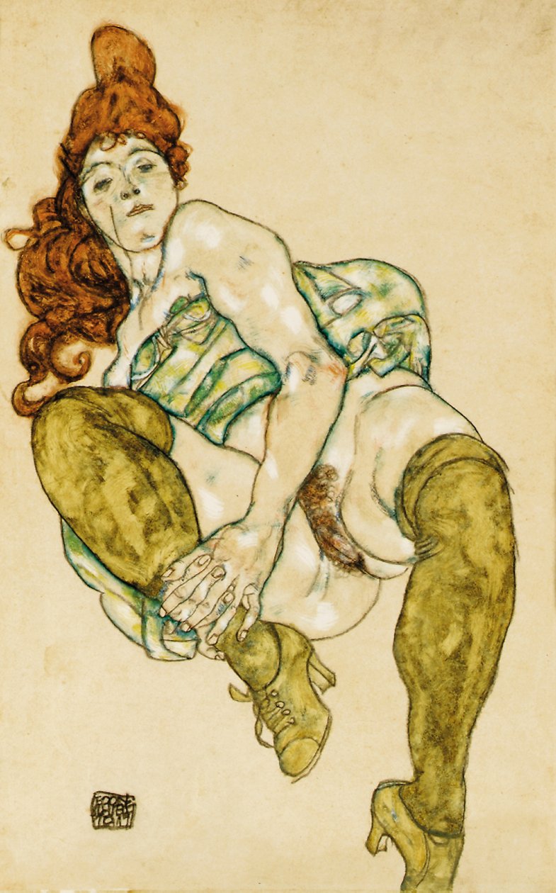 Nu féminin tenant la jambe droite - Egon Schiele
