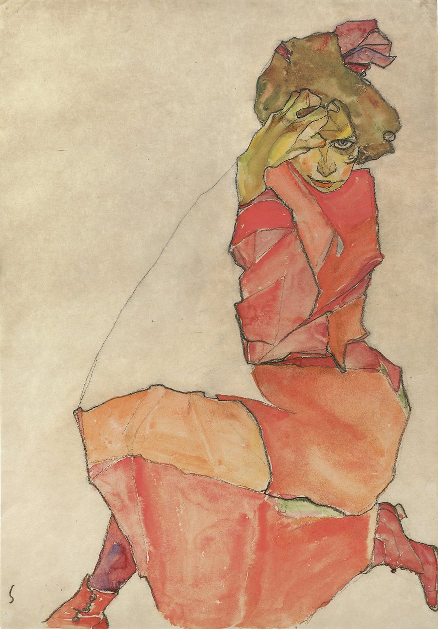 Femme agenouillée en robe rouge-orange, 1910 - Egon Schiele