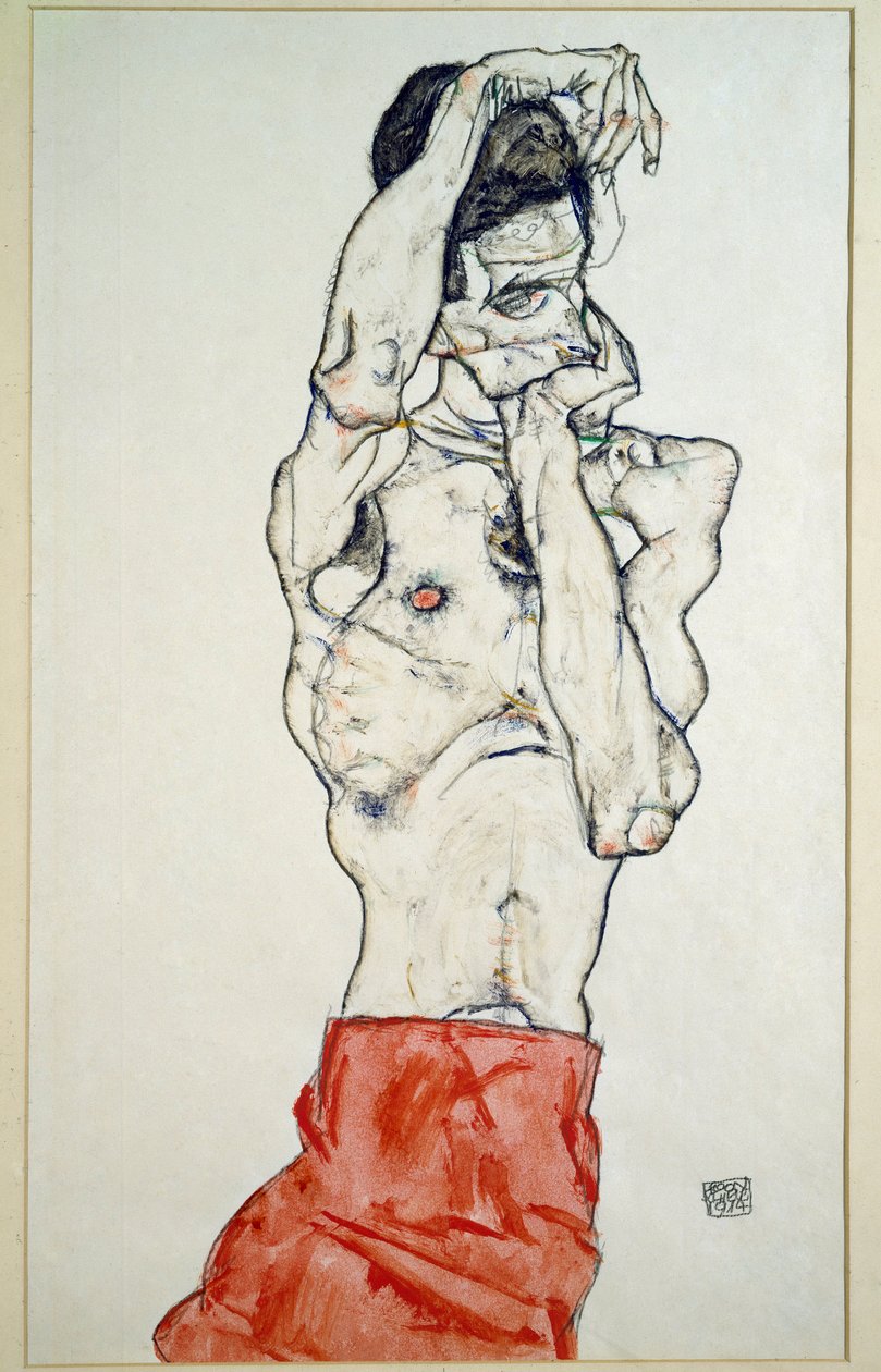 Nu masculin avec drap rouge - Egon Schiele