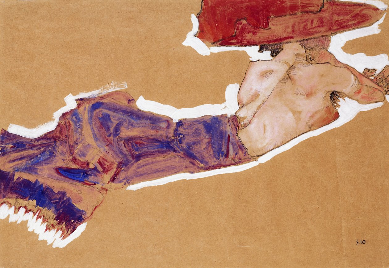 Semi-nu allongé avec un chapeau rouge, 1910 - Egon Schiele