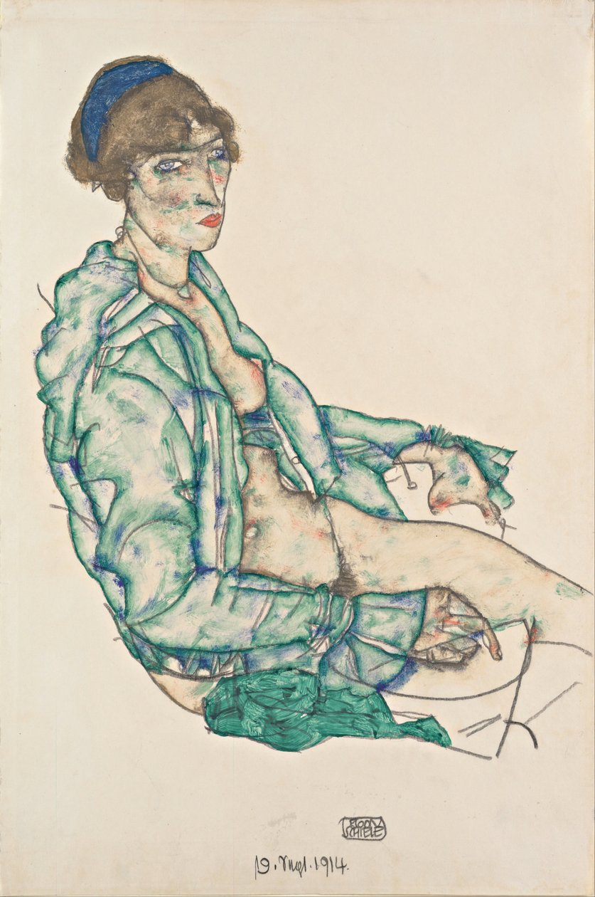 Semi-nu assis avec bandeau bleu, 1914 - Egon Schiele
