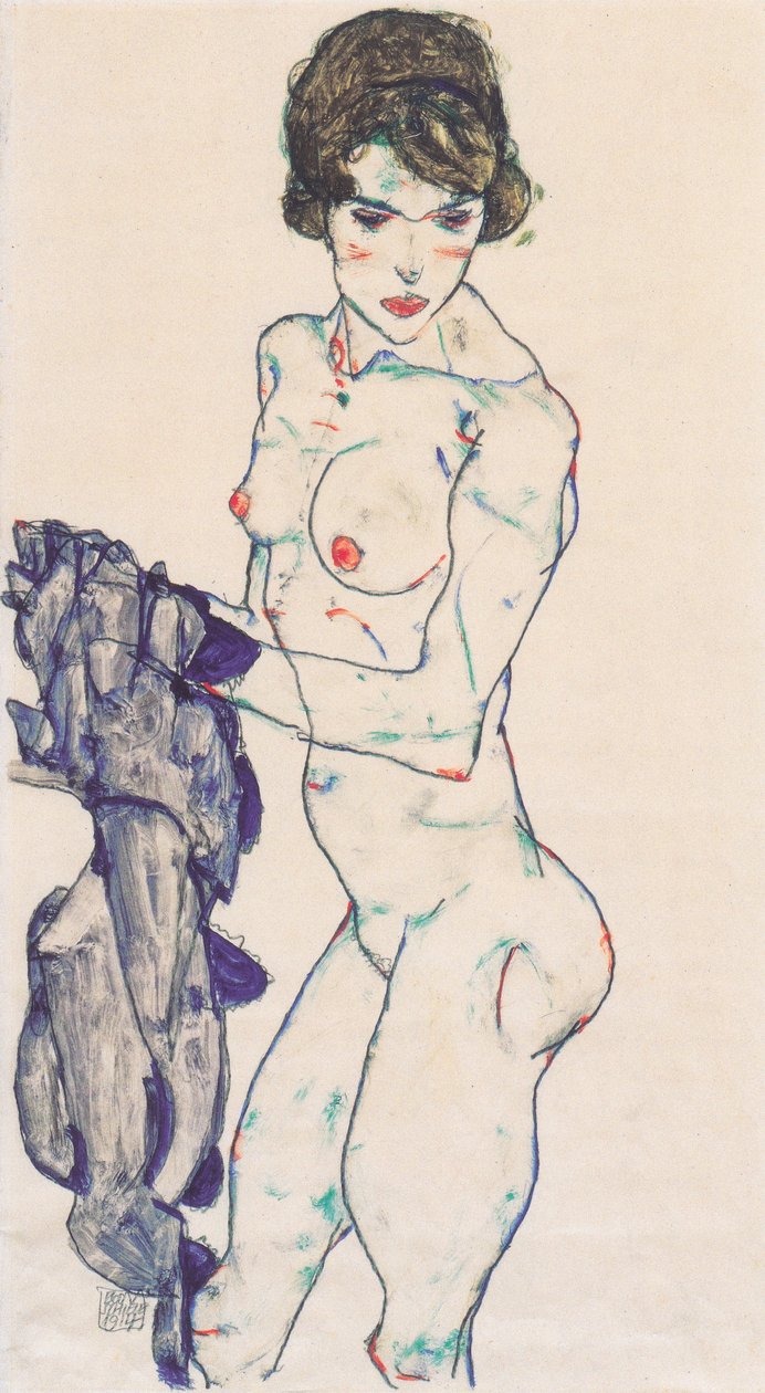 Nu féminin debout avec tissu bleu - Egon Schiele