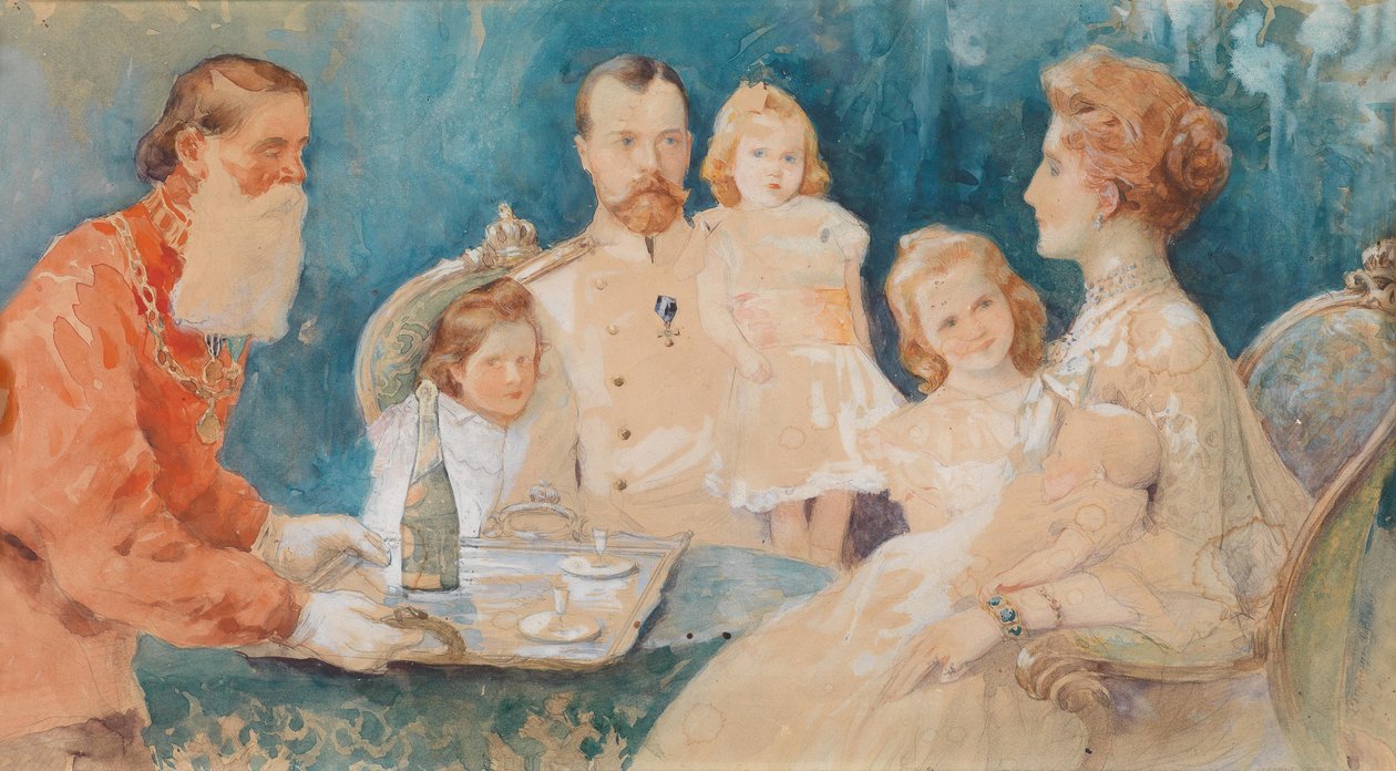 Tsar Nicolas II et Tsarine Alexandra Fjodorovna avec leurs filles Olga, Tatiana, Maria et Anastasia (bébé) - Elena  Samokich Soudkovskaïa