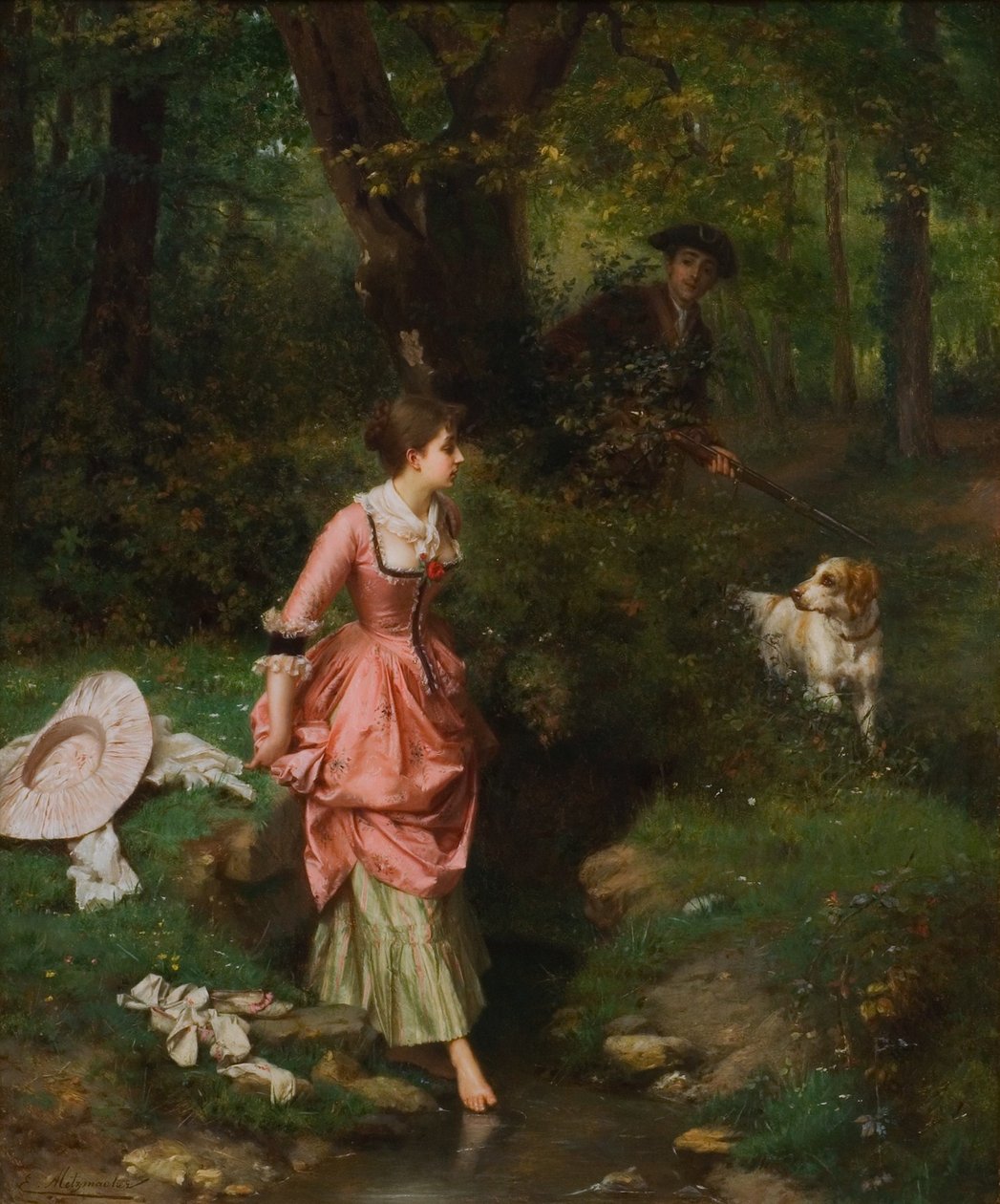 Une jeune dame traversant un ruisseau - Emile Pierre Metzmacher