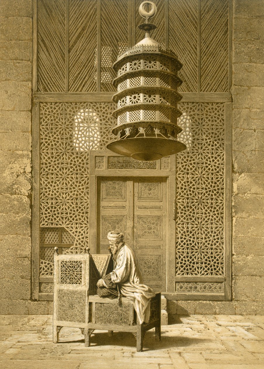 Le Caire : Mosquée funéraire ou sépulcrale du sultan Barquq, imam assis lisant le Coran, devant un écran ajouré, 14e siècle, 19e siècle - Emile Prisse d
