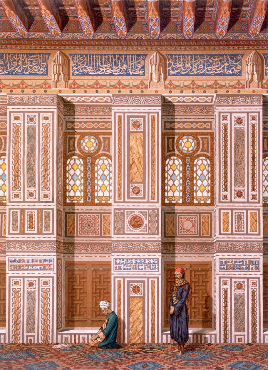 Le Caire : Intérieur de la mosquée de Qaitbay ; les fidèles prient au mur latéral du Mihrab XVe siècle, XIXe siècle - Emile Prisse d