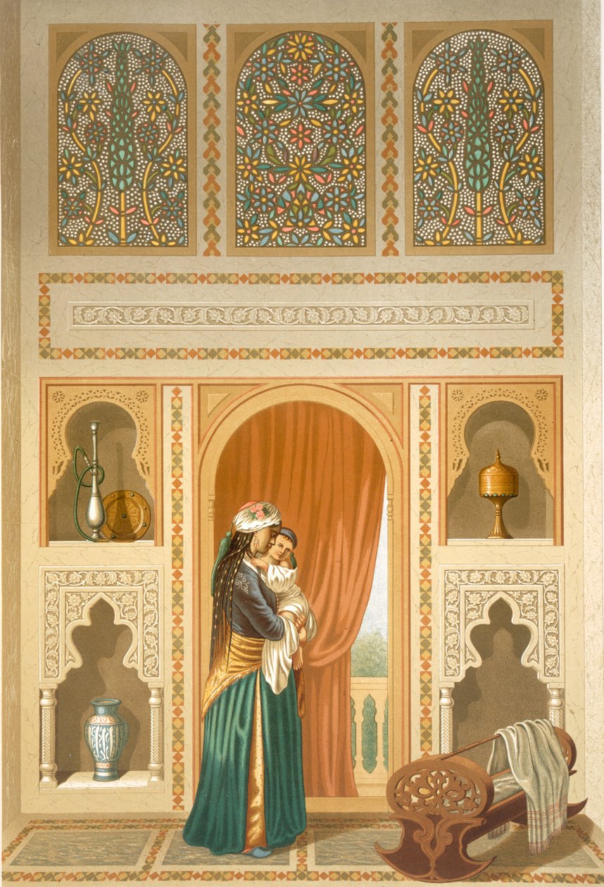 Le Caire : Intérieur de la maison de Sidi Youssef Adami : une femme debout dans une pièce richement décorée de mosaïques et de marbre, 19e siècle - Emile Prisse d