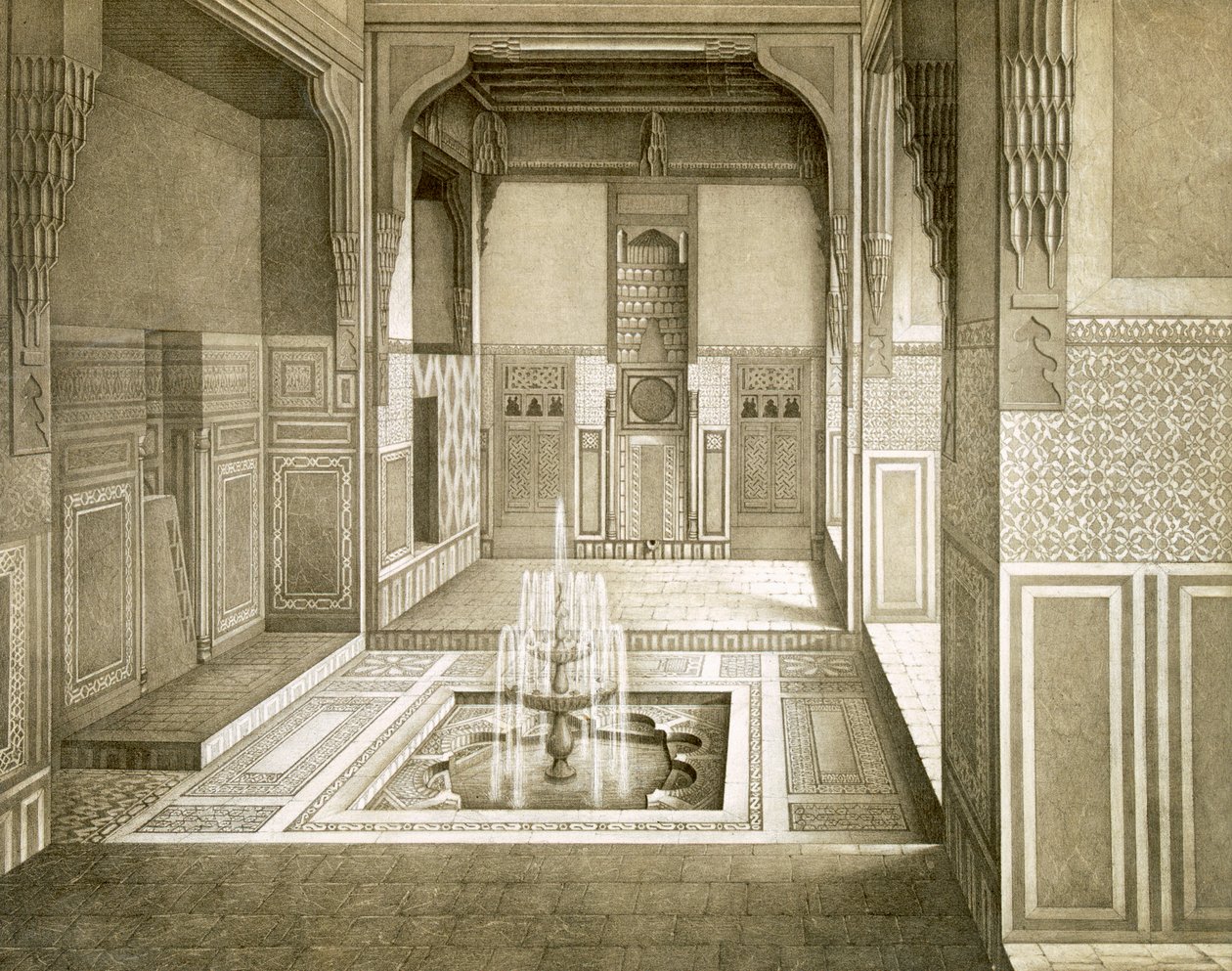 Le Caire : Mandarah : salle de réception, rez-de-chaussée, avec piscine et fontaine, 19e siècle - Emile Prisse d