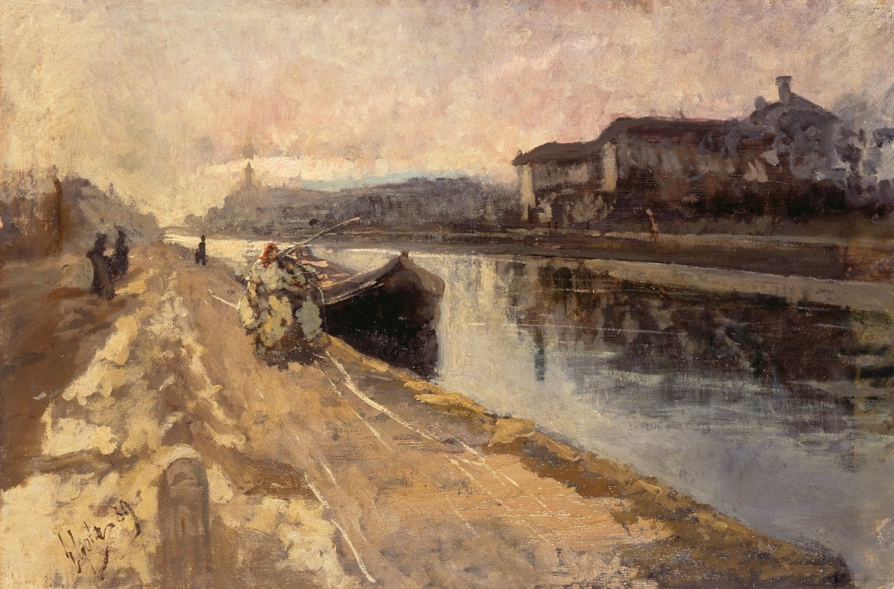Gens du peuple le long du canal Naviglio - Emilio Gola