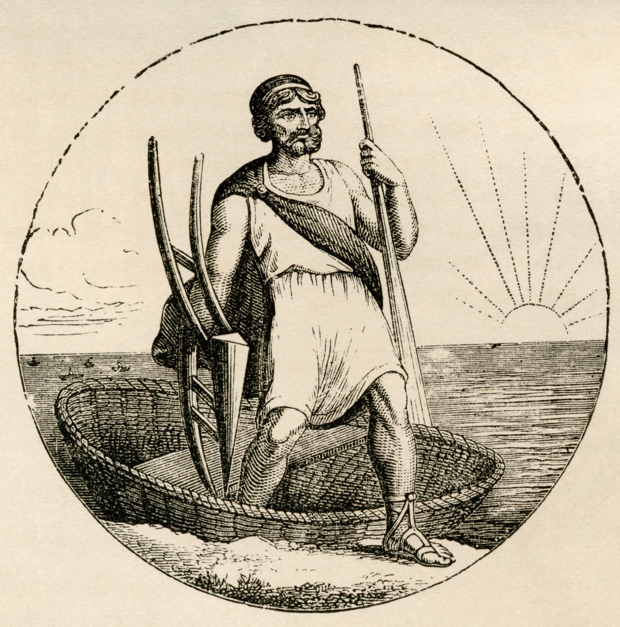 Ancien Breton avec un coracle et une charrue, de 