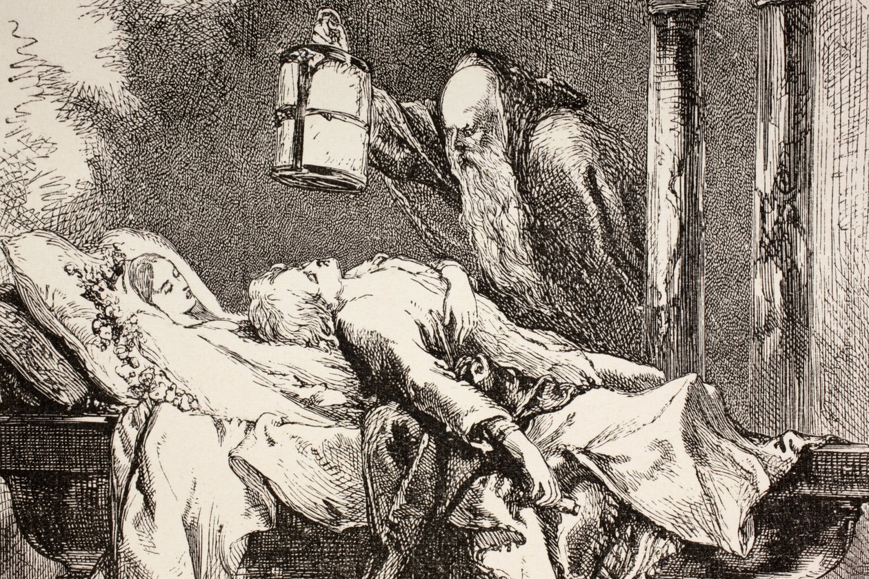 Frère Laurent arrive au caveau des Capulet pour trouver Roméo, Juliette et Paris tous morts, de 