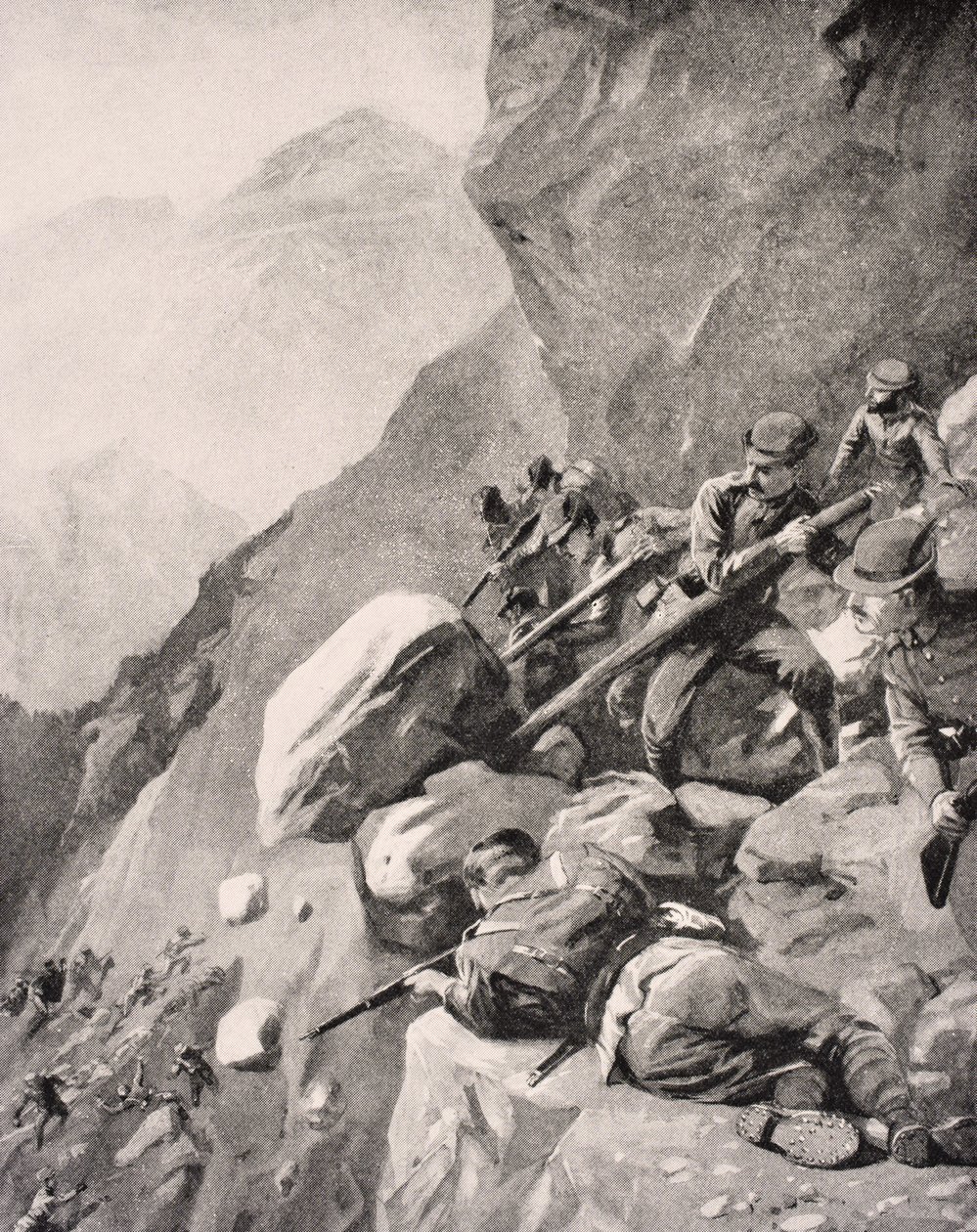 Troupes italiennes lançant des rochers sur des soldats ennemis dans les Dolomites, 1915, tiré de 