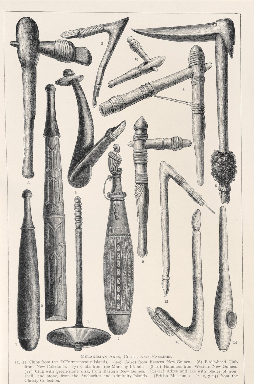 Haches, clubs et marteaux mélanésiens, de The History of Mankind, Vol.1, par Prof. Friedrich Ratzel, 1896 - English School