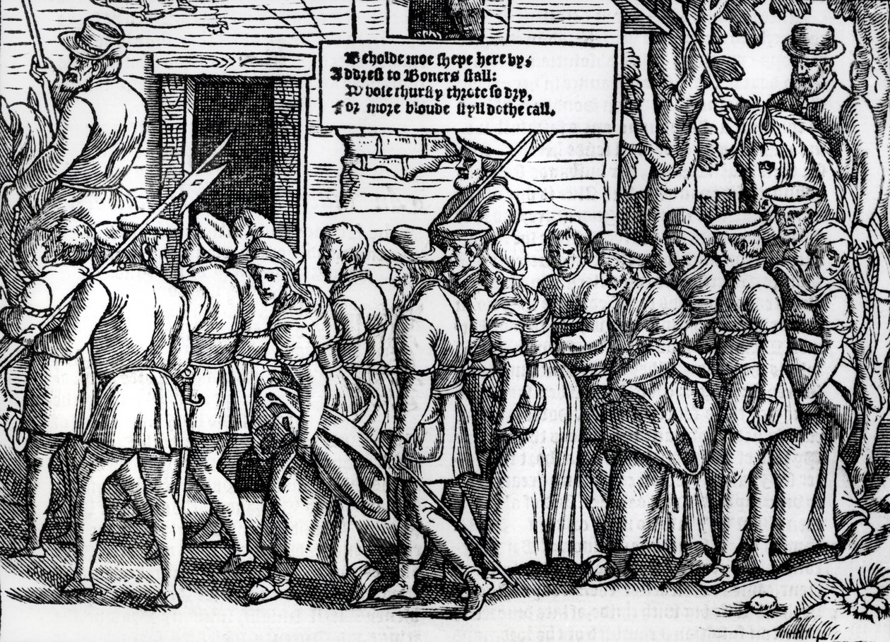 Protestants, liés ensemble, conduits à Londres pour être jugés, de 