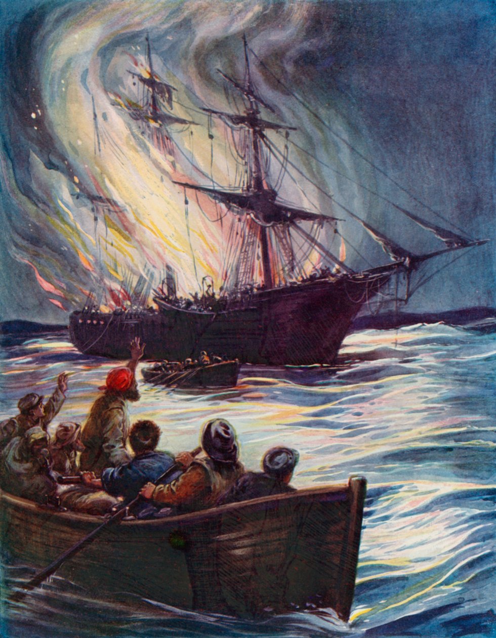 Un incendie en mer (lithographie en couleur) - English School