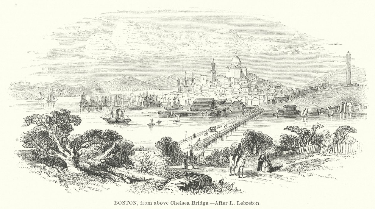 Boston, vue du pont de Chelsea (gravure) - English School