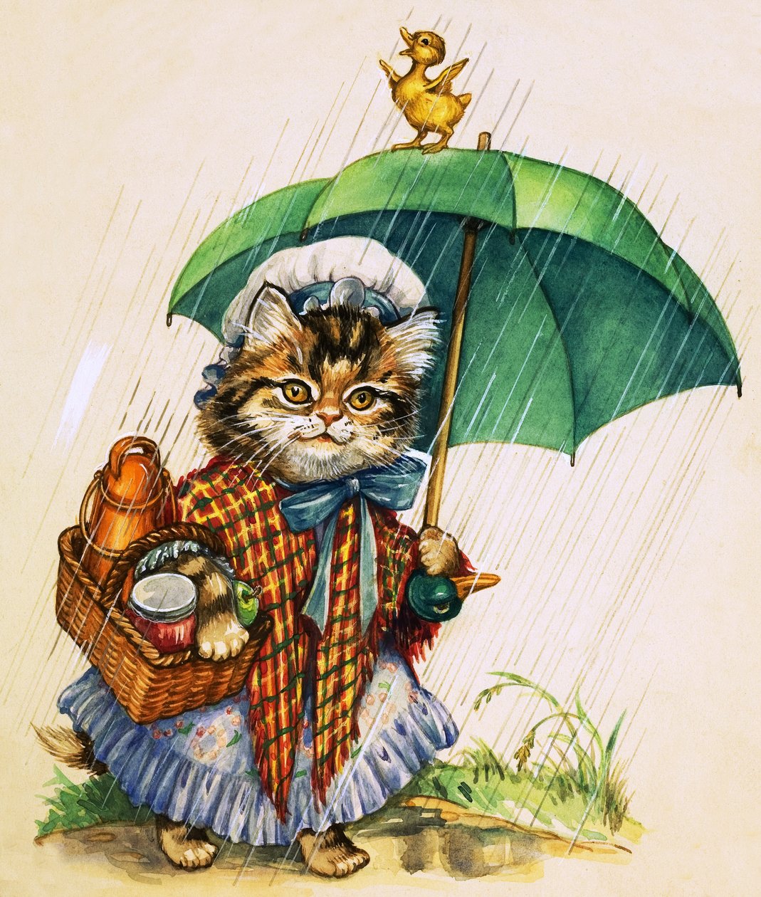 Chat avec parapluie (gouache sur papier) - English School