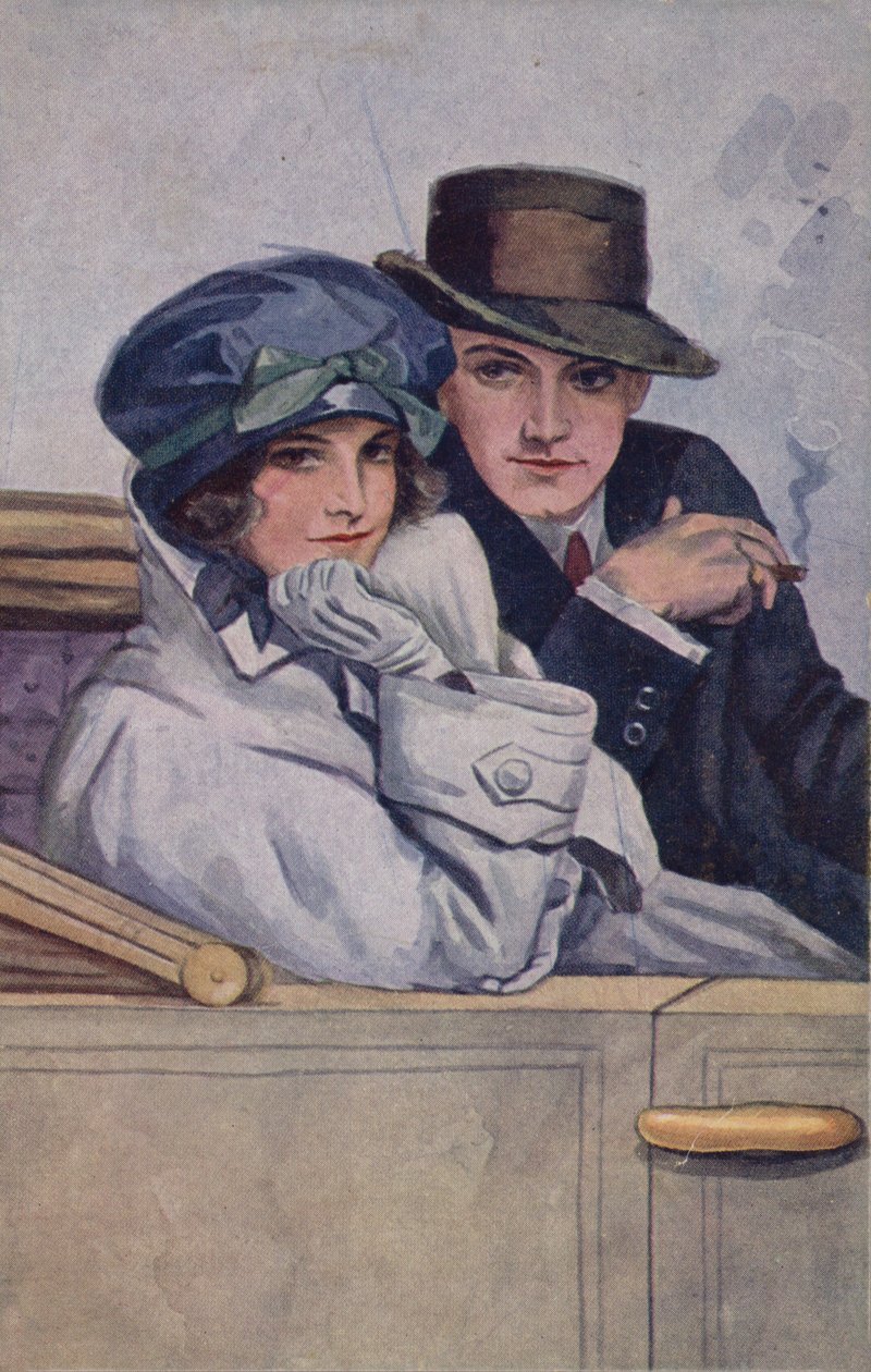 Couple assis dans une voiture (lithographie couleur) - English School