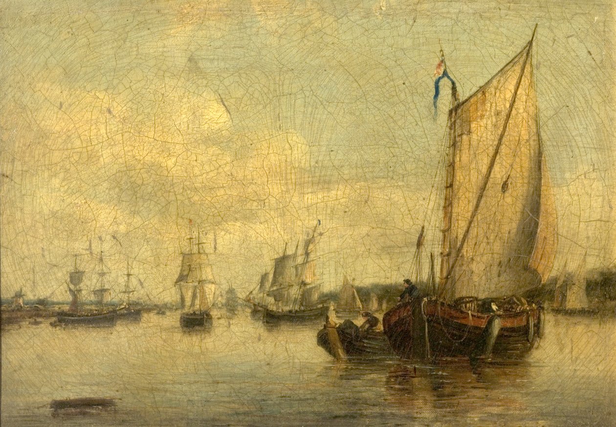 Scène fluviale avec des navires - English School