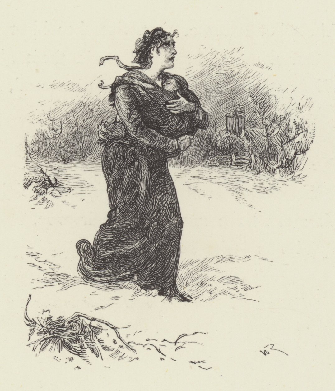 Femme avec bébé dans la neige (gravure) - English School