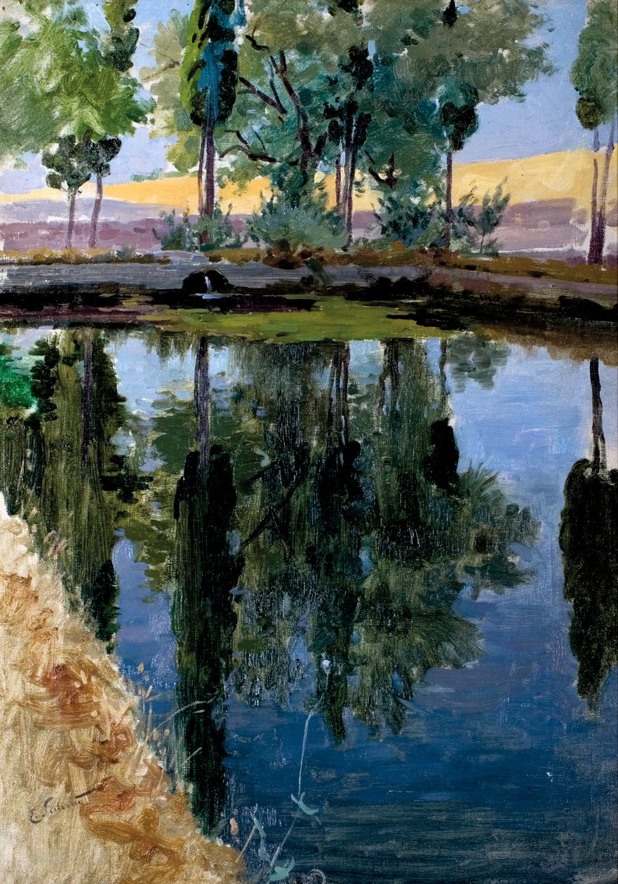 Reflets de peupliers sur la rivière - Enrique Simonet