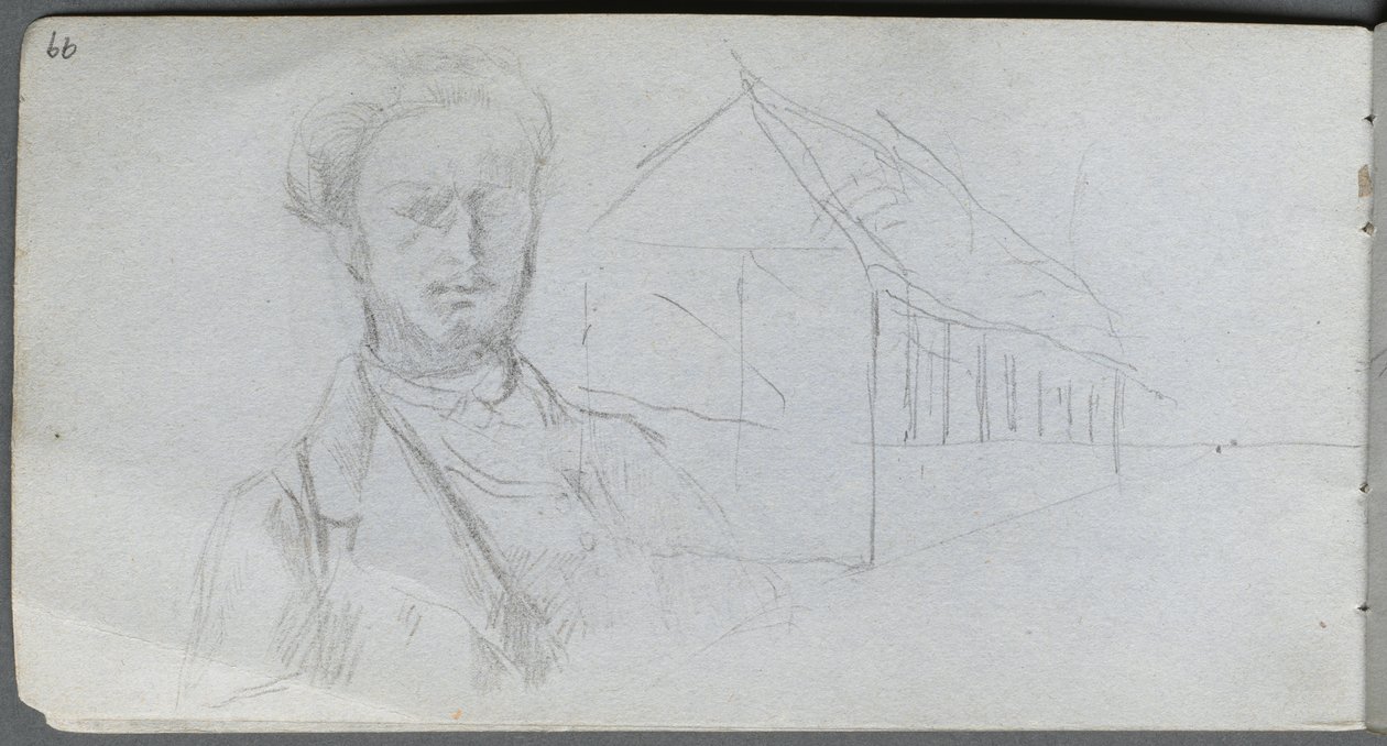 Carnet de croquis, page 99 : Étude de figure, bâtiment - Ernest Meissonier