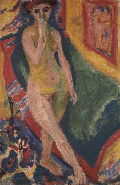 Fille nue devant un canapé vert - Ernst Ludwig Kirchner