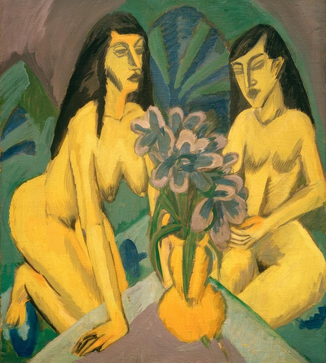 Deux nus jaunes avec bouquet de fleurs - Ernst Ludwig Kirchner